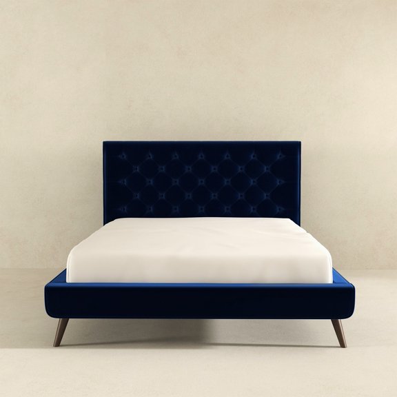 Blue Queen Bed - Exquisite Velvet Upholstery - Mid - Century Bedroom Setup - Comfort & Style