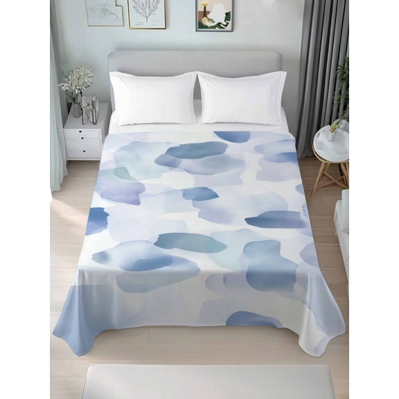 Blue Queen Size Flat Sheet, Wrinkleproof & Fadeproof Cooling Flat Bed Sheet Only, Watercolor Abstract Geometric Art Breathable Soft Bedding Top Sheets 90 x 102 Inches