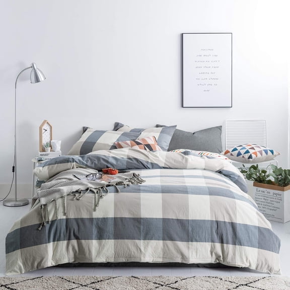 Blue Queen Size Washed Cotton Checkered Plaid 3-Piece Bedding Set