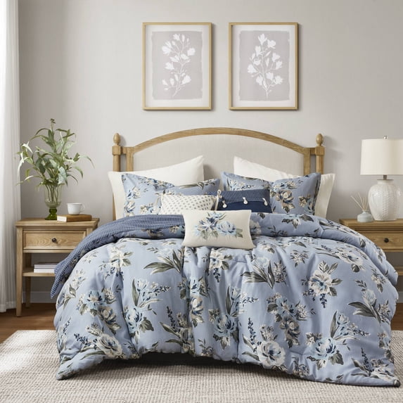 Blue Queen Vintage Floral Comforter Set 7-Piece, Cotton Blend Reversible Bedding with Bed Skirt