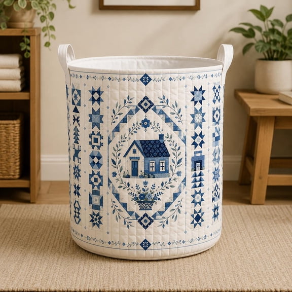 Blue Quilt Laundry Basket, Farmhouse Cottage Hamper, Patchwork House Storage Bin, Quilter Gift, Country Laundry Room Decor