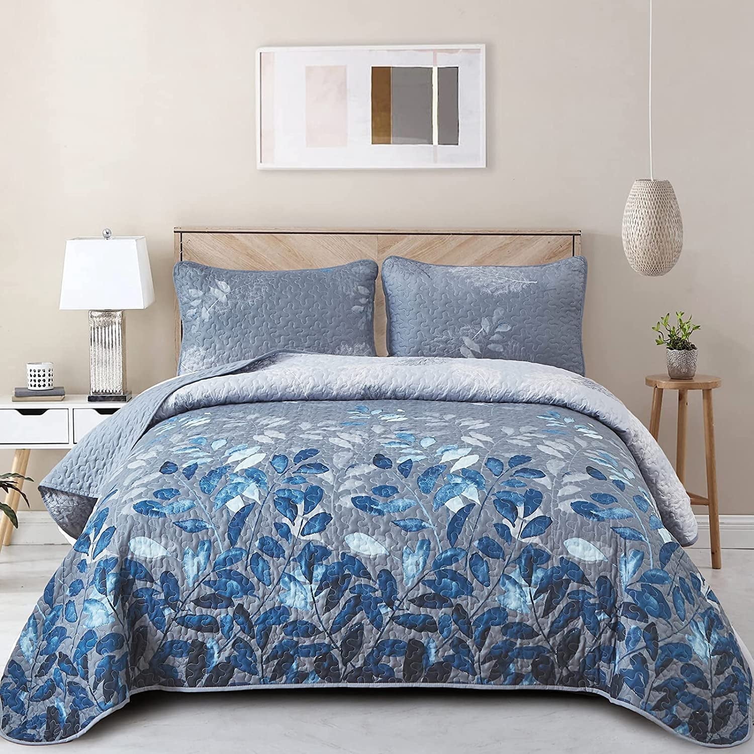 Blue Quilt Set Queen Size 3 Pieces Navy Blue Floral Bedspread Coverlet ...