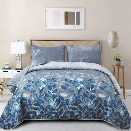 Blue Quilt Set Queen Size 3 Pieces Navy Blue Floral Bedspread Coverlet Set Bedding Set 96"×90"