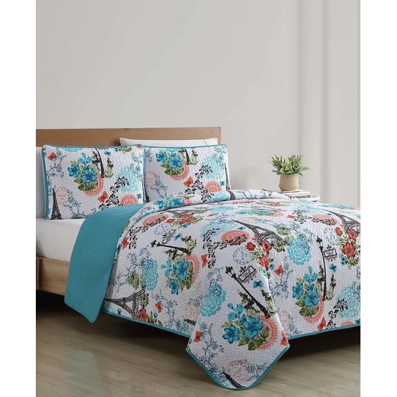Blue Quilt for Queen Bed - 3-Piece Full or Queen Comforter Alternative, Bedspread Coverlet with Shams (Eiffel Paris Decor)