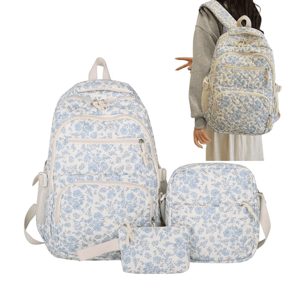 Blue Quilted Floral Backpack Set Cute Backpack, 17-Inch Bookbag for Middle & Elementary School,Backpack for them Ages 6-16