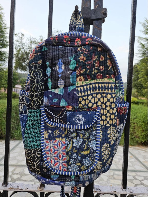 Blue Quilted Patchwork Cotton Backpack: Handmade Indian Bohemian Bag