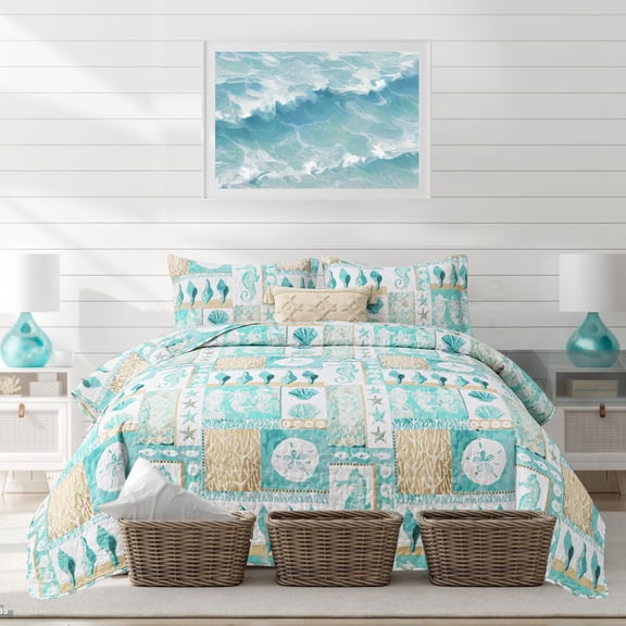 Blue Quilts Set Size Lightweight Beach Bedspreads Coastal Seashell Conch Seahorse Starfish Bedding 3 count Reversible Coverlets Pillow Shams
