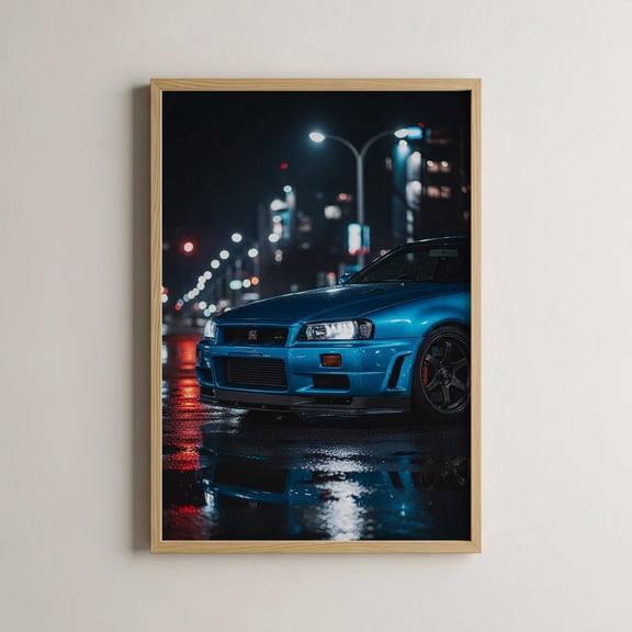 Blue R34 Skyline Car Poster JDM Wall Art Night Street Scene Urban Decor Automotive Wall Art Perfect for Car Lovers