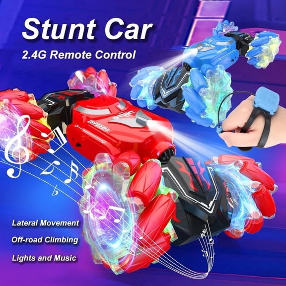 Blue RC Stunt Car with LED Lights 360 Rotation Hand Controlled Toy for Kids Boys Girls Gift
