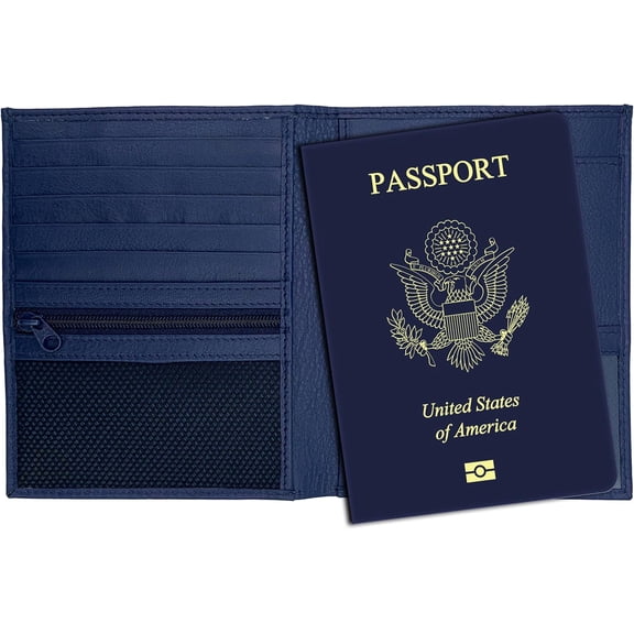 Blue RFID Blocking Genuine Leather Travel Passport Wallet Holder