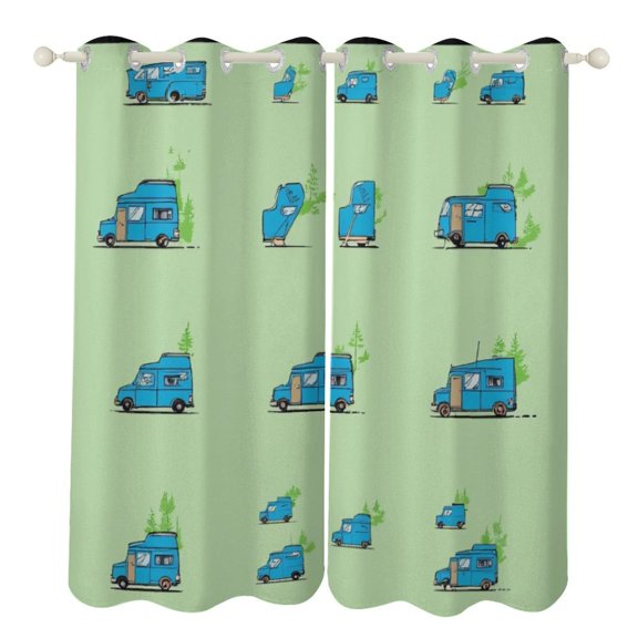 Blue RVs on Green Background Pattern 2 Panels 3D Printing Pattern Curtain for Bedroom Living Room Kitchen Window Decoration Home