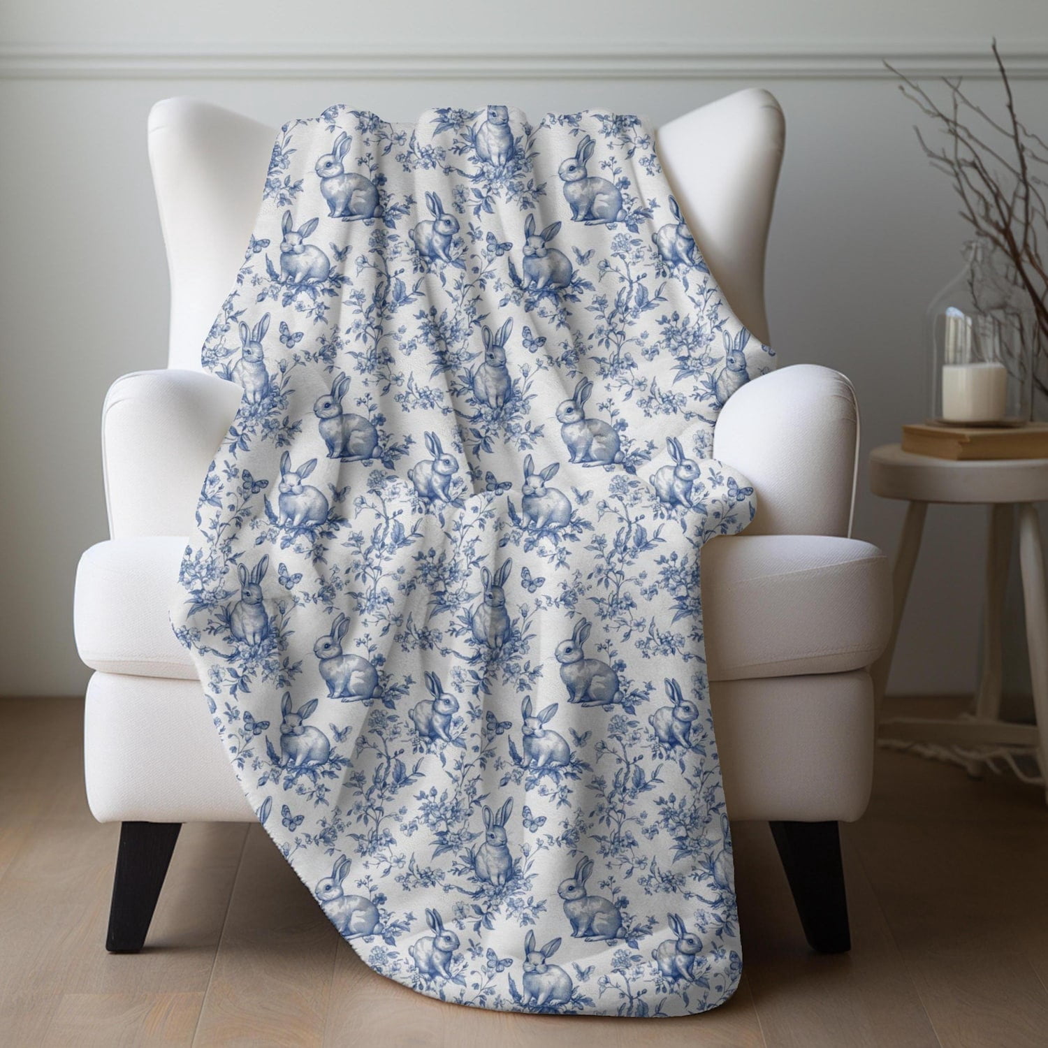 Blue Rabbit Bunny Blanket, Blue Toile Easter Throw Blanket French ...
