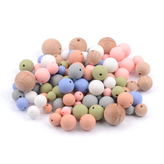 Blue Rabbit Co Silicone Beads for Keychain, Necklace and Bracelet Making, 100PC, Beech Wood/Pastel