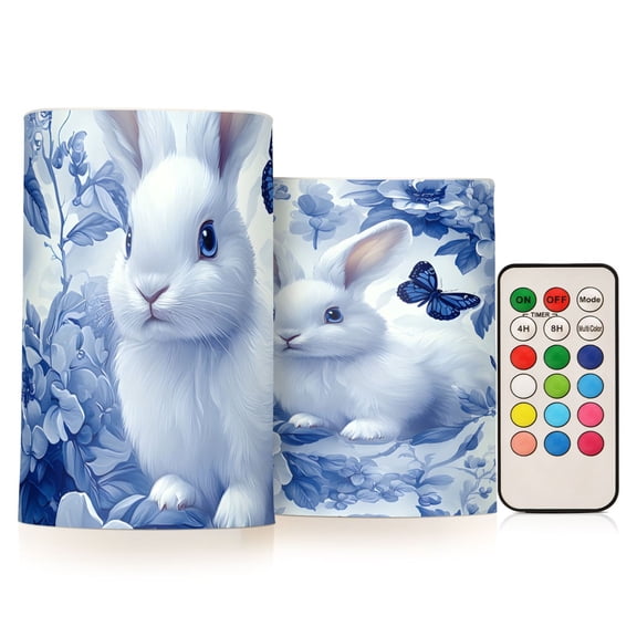 Blue Rabbit Flower Flickering Flameless Candles Battery Operated with Remote Timer LED Pillar Candles Set of 2