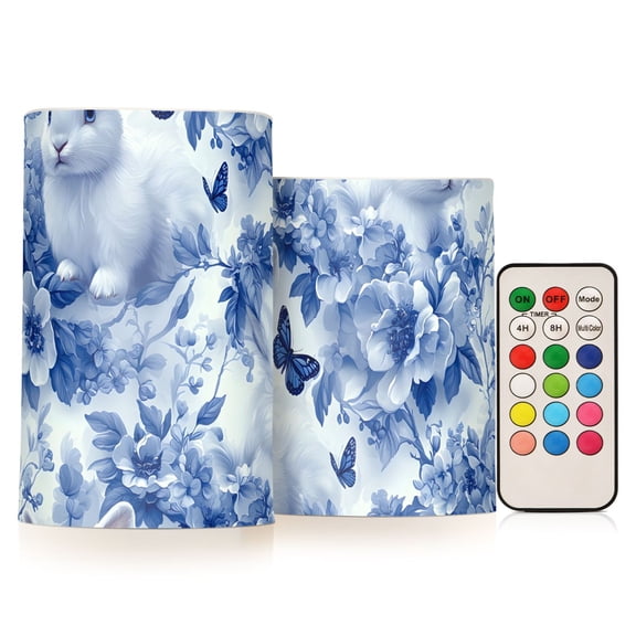 Blue Rabbit Flower Flickering Flameless Candles Battery Operated with Remote Timer LED Pillar Candles Set of 2