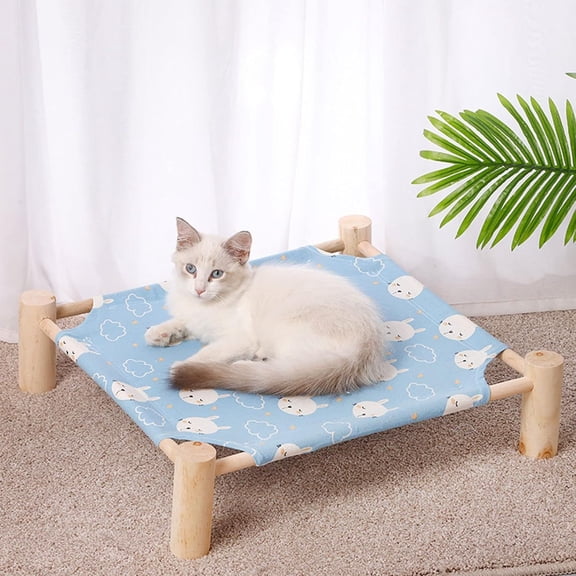 Blue Rabbit Pattern Wooden Elevated Pet Hammock Bed Breathable Mesh Raised Rest Bed For Cats Small Dogs Indoor Outdoor Portable Pet Cot