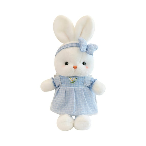 Blue Rabbit Plush Sleep Companion, 40Cm Soft Stuffed Animal with Gingham Dress & Bow Headband, Cuddly Bedtime toy for Kids, toddler Nap-Time Comfort Pal, Huggable Cartoon Rag Doll