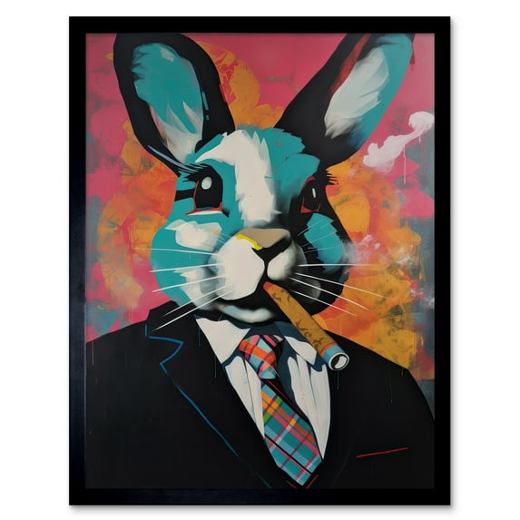 Blue Rabbit with Cigar and Suit Modern Pop Art Art Print Framed Poster Wall Decor 12x16 inch