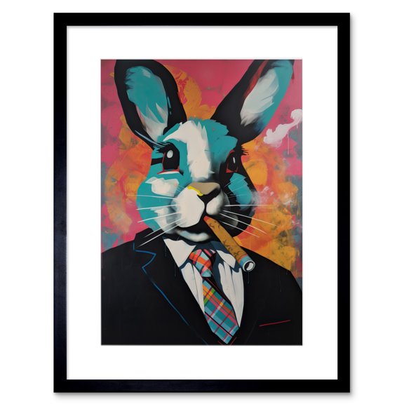 Blue Rabbit with Cigar and Suit Modern Pop Art Artwork Framed Wall Art Print 9X7 Inch