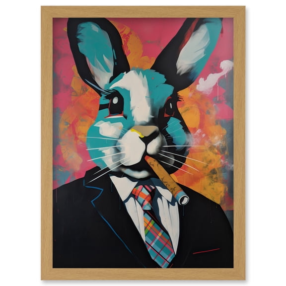 Blue Rabbit with Cigar and Suit Modern Pop Art Artwork Framed Wall Art Print A4