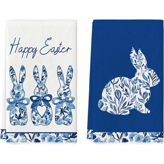 Blue Rabbits Bunny Bow Easter Kitchen Towels Dish Towels, 18x26 Inch Celadon Spring Farmhouse Holiday Decoration Hand Towels Set of 2