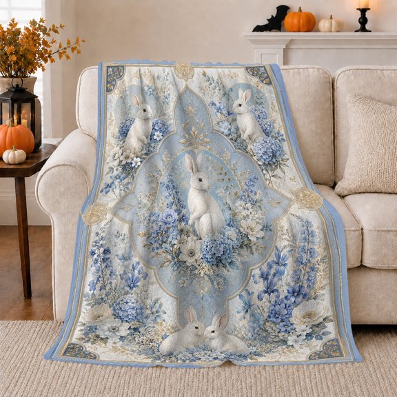 Blue Rabbits Hydrangeas Woodland Garden, Peaceful Woodland Scene, Warm Flannel Blanket for Cabin and Lodge, Wildlife Lovers Housewarming Gift, Botanical Home Decor
