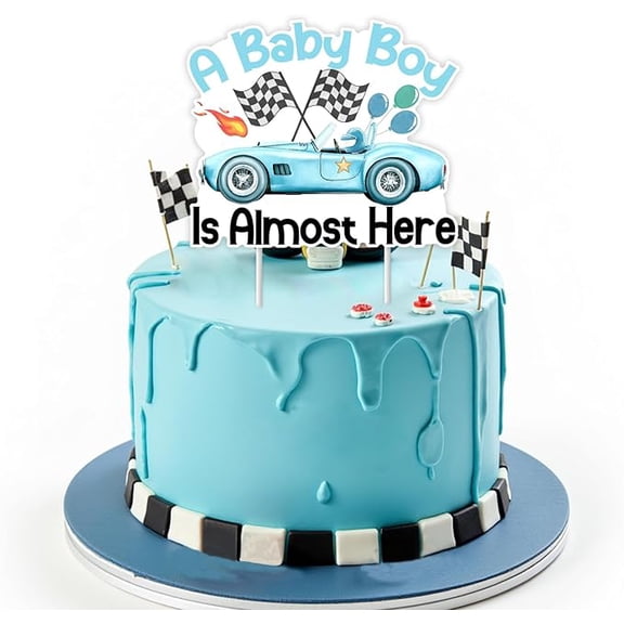 Blue Race Car Baby Shower Decorations for Boy - A Baby Boy Is Almost Here Cake Topper, Vintage Blue Lets Go Racing Car Cake Decorations for Pregnancy Celebration Newborn Party