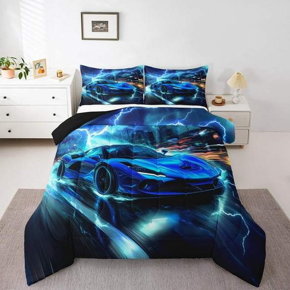 Blue Racing Car Comforter Set,Extreme Sports Car Fashion Competition Bedding Set Teens,3D Lightning Sky Modern Building Road Trippy Down Comforter,2 Pcs 1 Pillowcase