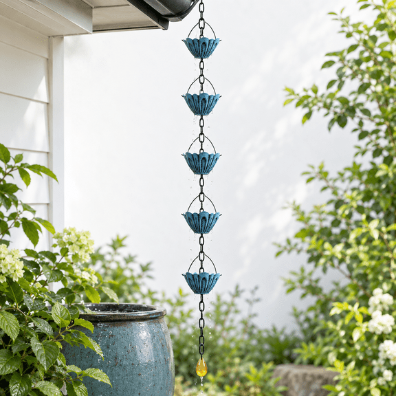 Blue Rain Chain Decorative Garden Cups for Gutter Downspout and Home Water Diverter