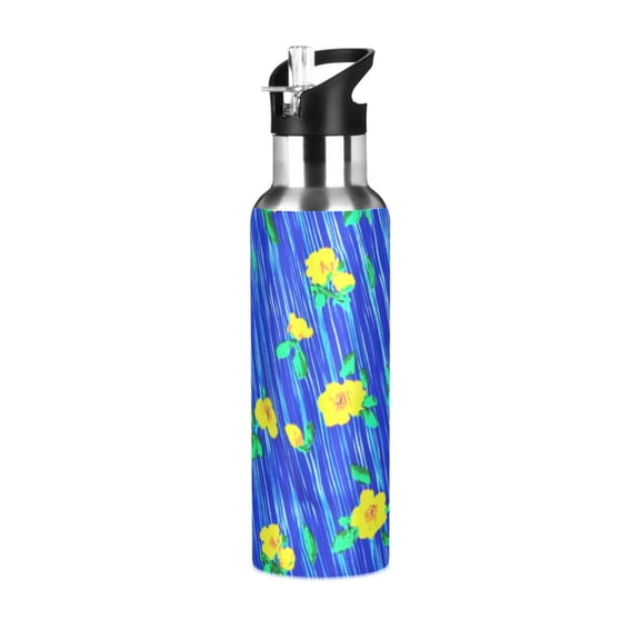 Blue Rain Flowers 600ml Double Walled Stainless Steel LeakProof Sports Bottle Thermo 8h