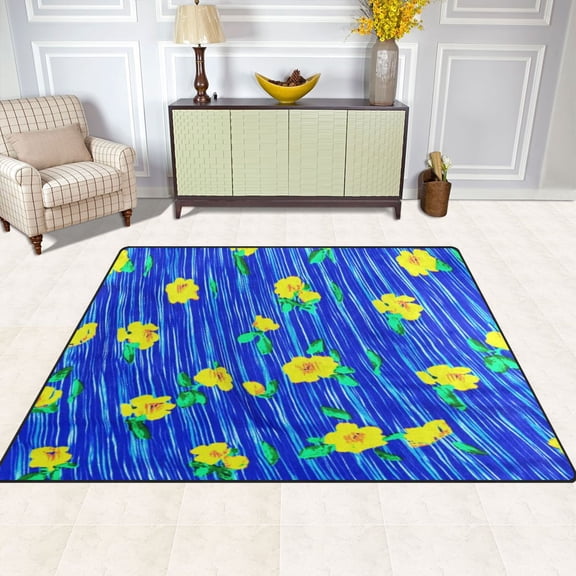 Blue Rain Flowers 63''x48'' Plush Memory Foam Bath Mat, Soft, Absorbent, Non Slip, Durable