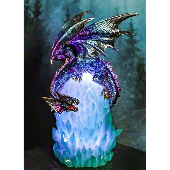 Blue Rainbow Armored Dragon Guarding LED Lantern Acrylic Crystal Egg Figurine