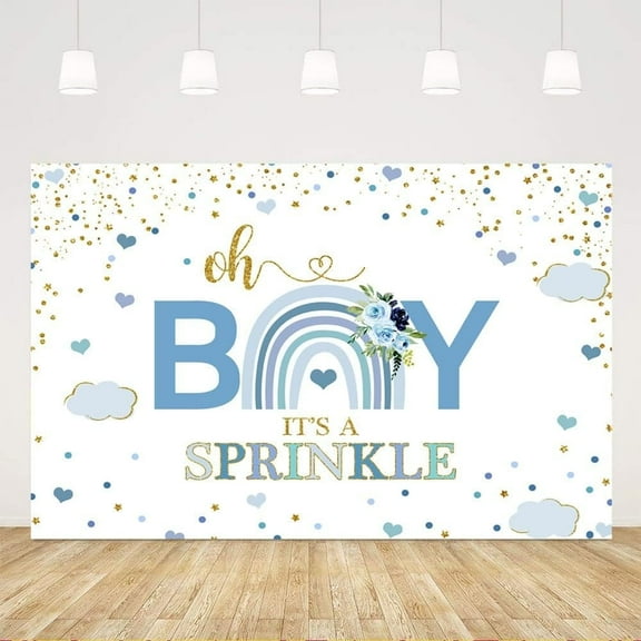 Blue Rainbow Baby Shower Backdrop for Boy Rainbow Baby Sprinkle Decorations Photography Background Pastel Rainbow Blue and Gold Confetti Grow Up Oh Boy Party Photoshoot Decor