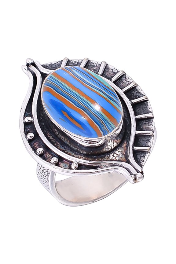 Blue Rainbow Calsilica 925 Sterling Silver Ring, 14X10 mm Oval Gemstone Ring, Blue Ring, Christmas Gift, Unique Jewelry Ring, Adjustable Ring V2423R21