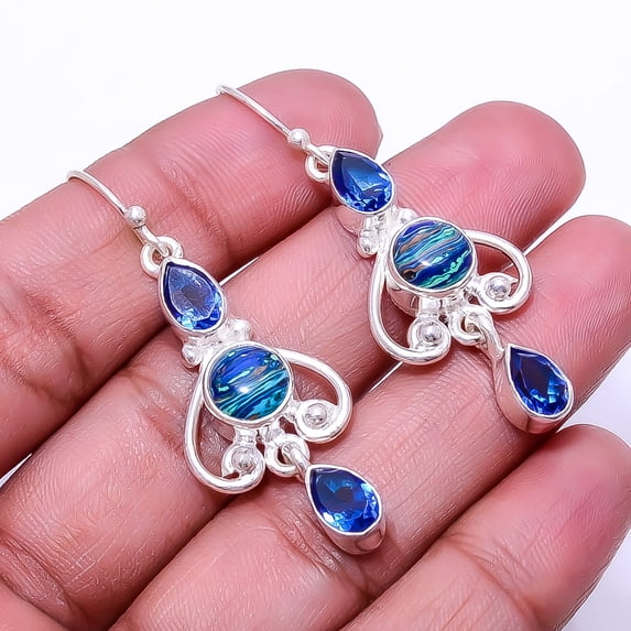 Blue Rainbow Calsilica & Blue Sapphire Multi Collet 925 Silver Plated Earring 1.95", Blue Rainbow Calsilica Earring E_8006_361_20