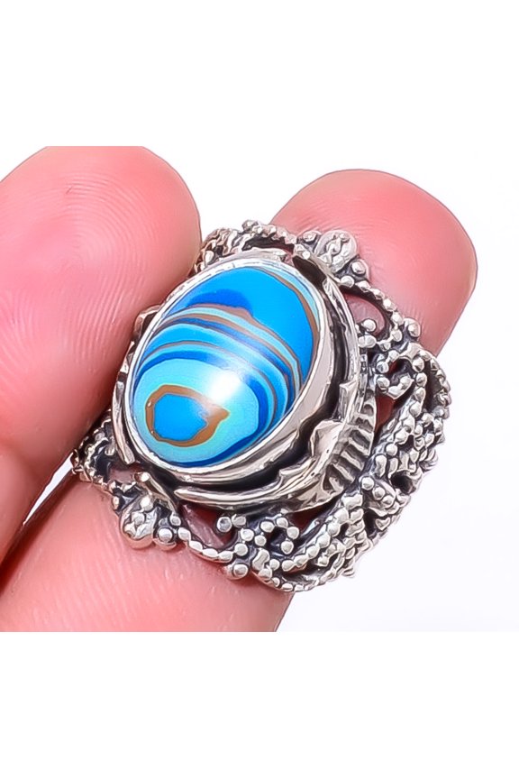 Blue Rainbow Calsilica Gemstone 925 Sterling Silver Jewelry Ring s.8 Sku17, Blue Ring, Gemstone Ring