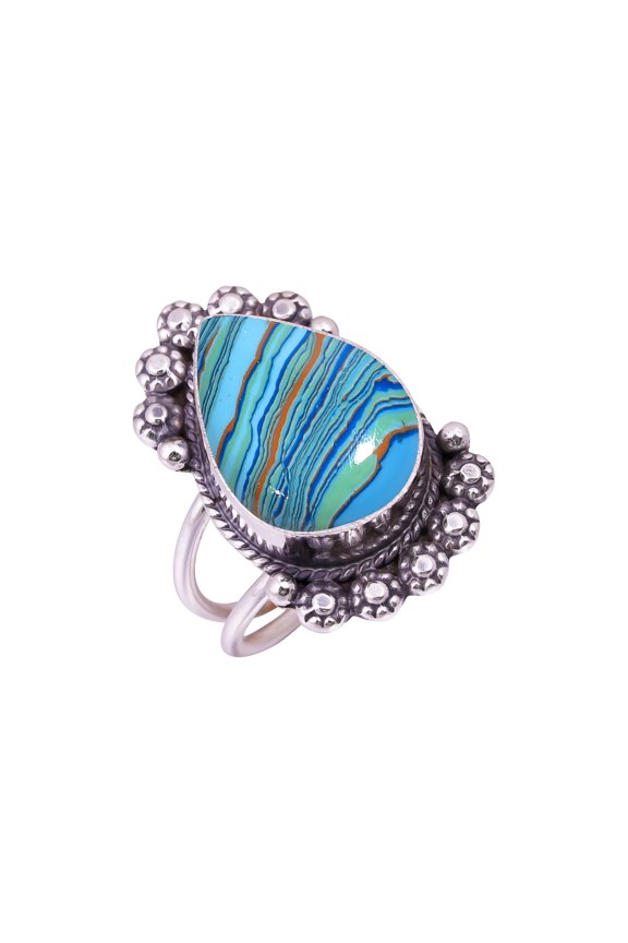 Blue Rainbow Calsilica Gemstone 925 Sterling Silver Ring, 18X13 mm Pear Gemstone Ring, Blue Ring, Christmas Gift, Unique Jewelry Ring, Adjustable Ring