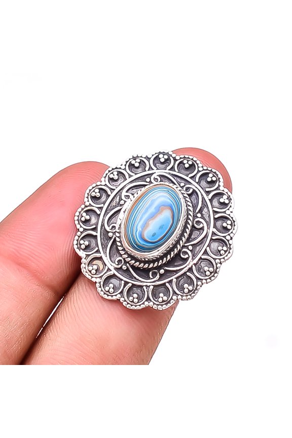 Blue Rainbow Calsilica Handmade Oxidised 925 Sterling Silver Ring S.7 R28