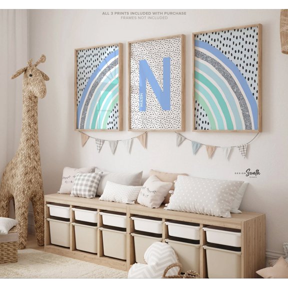 Blue Rainbow Monogram Wall Art Prints, Boys Initial Nursery Room Decor