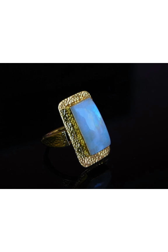 Blue Rainbow Moonstone Handmade Brass Boho-chic Ring  Bohemian Brass Ring Vintage-Inspired Jewelry Healing Gemstone Spiritual healing ring