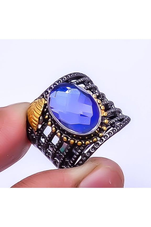 Blue Rainbow Mystic Fire Topaz Black Rhodium 925 Sterling Silver Ring S.8 R22, Gemstone Silver Jewelry, New Year Sale, Valentin's Day Gift