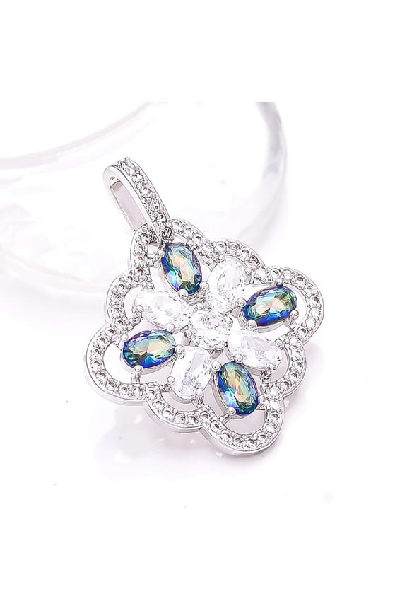 Blue Rainbow Mystic Fire Topaz, CZ 925 Sterling Silver Platinum Plated Pendant 1.30" P798, Rainbow Mystic Topaz Pendant, Gift For Her, Oval Pendant, B