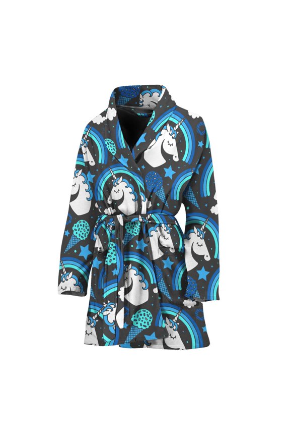 Blue Rainbow Unicorn Pattern Women Bathrobe One Size Univeral Fits Fashion Lightweight Plush Fleece Long Robe For Women