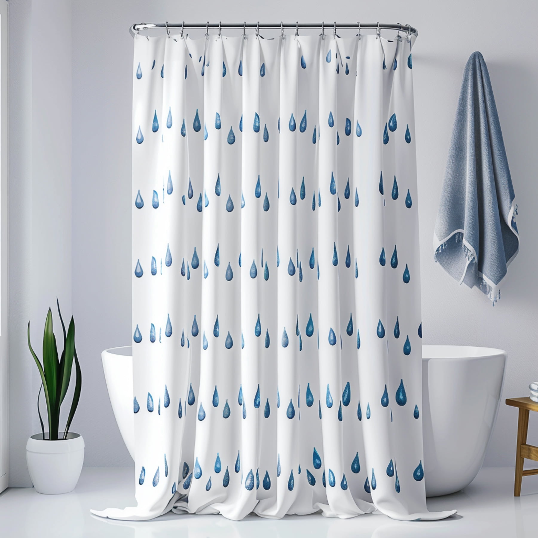 Blue Raindrop Shower Curtain for Bathroom Decor White Background Flat
