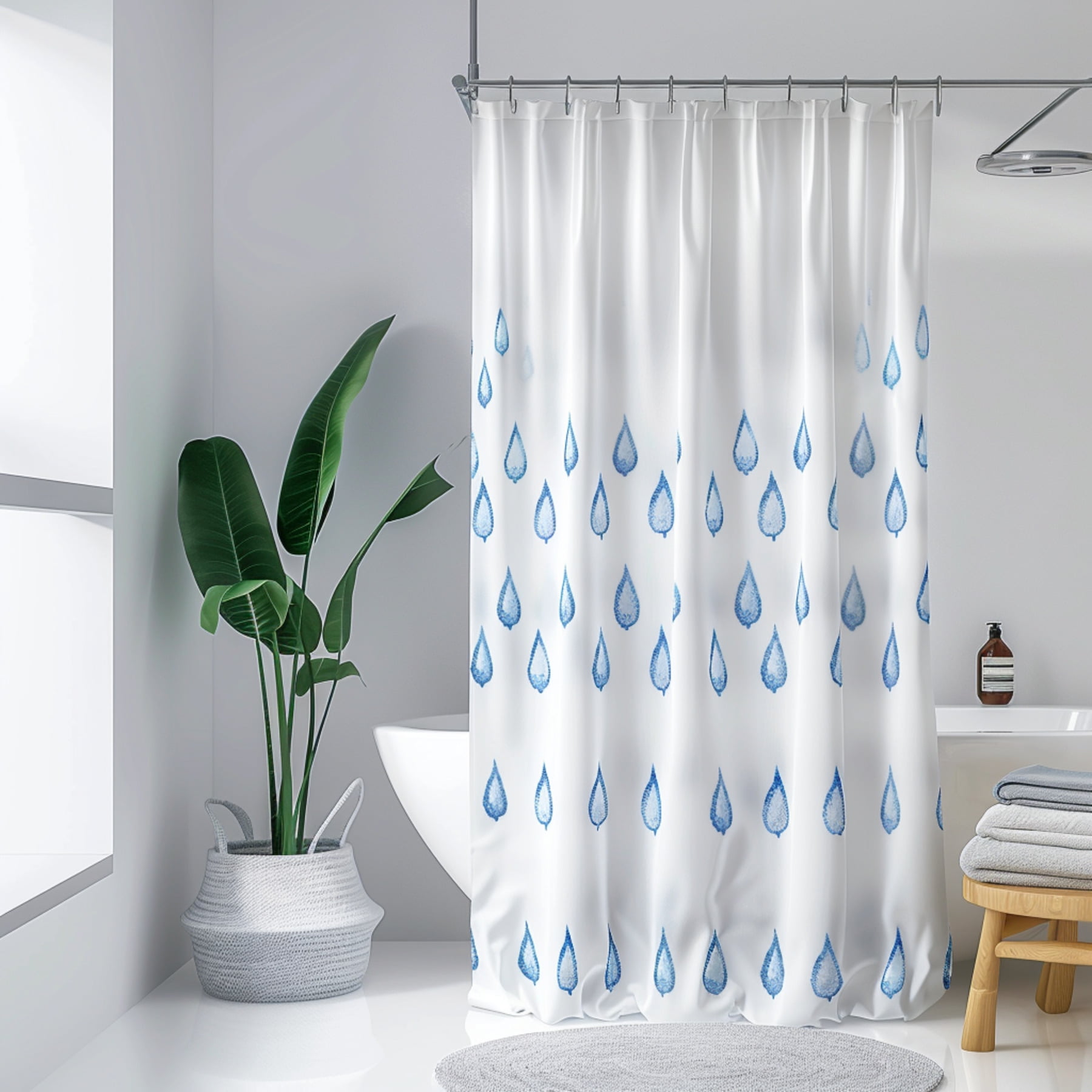 Blue Raindrop Shower Curtain for Bathroom Decor White Background Flat