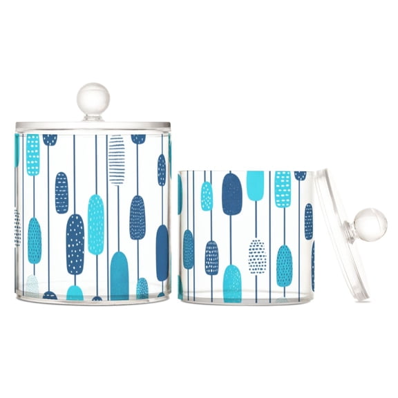 Blue Raindrops on White Translucent Plastic Cotton Swabs Canisters Large Medium Set