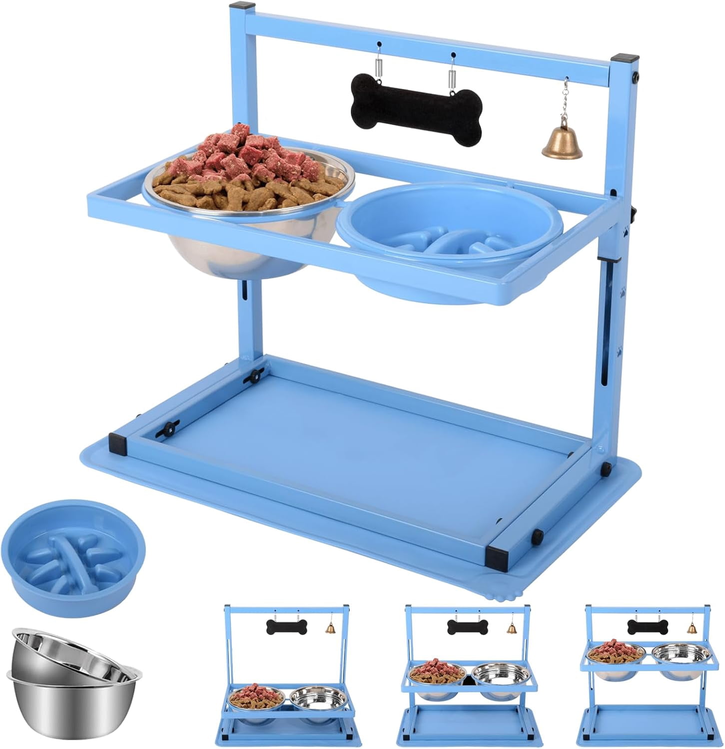 Blue Raised Dog Bowl Stand with Two 1700ml Stainless Steel Food Bowl, a Slow Feeder and Spill Proof Mat, Adjustable Elevated Dog Bowls for Large Medium and Small Breeds