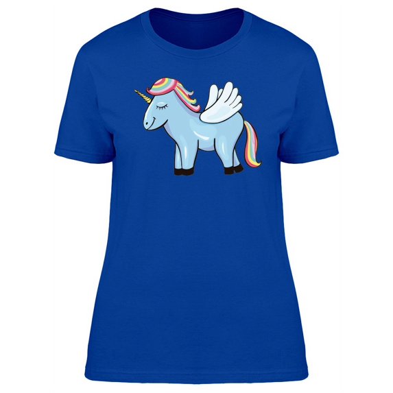 Blue Ranbow Unicorn Cartoon T-Shirt Women -Image by Shutterstock, Female Small