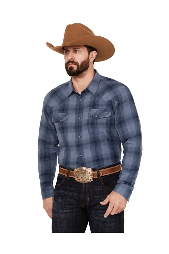 Men's Lander Plaid Print Long Sleeve Western Snap Shirt Blue XX-