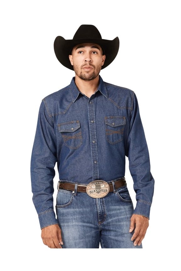 Men's Medium Wash Long Sleeve Snap Western Denim Shirt Medium Blue XX-